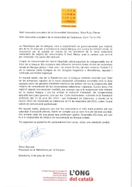 Carta de la Plataforma per la Llengua enviada als governs català i valencià